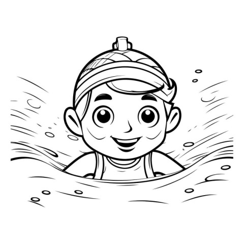 Black and White Cartoon Illustration of Boy Swimming in Water fo