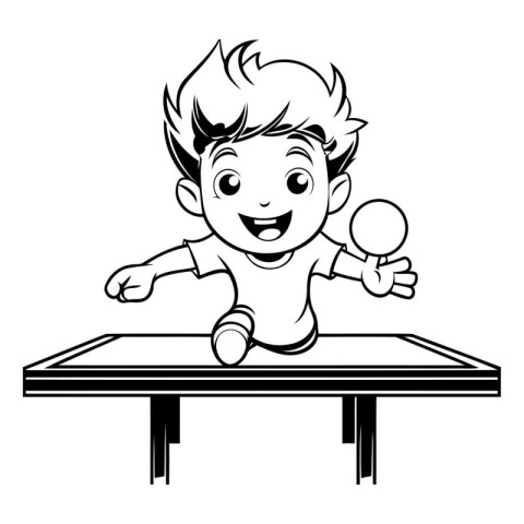 Cute Boy Playing Table Tennis - Black and White Cartoon Illustra