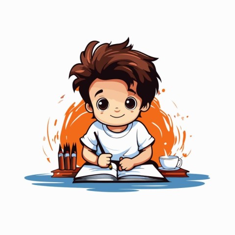 cute little boy with book and cup of coffee. vector illustration