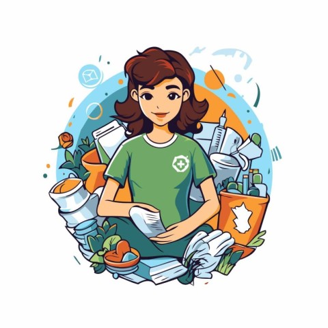 Volunteer woman collecting garbage. Vector illustration in carto