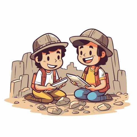 Cartoon illustration of two boys reading a book in the desert.