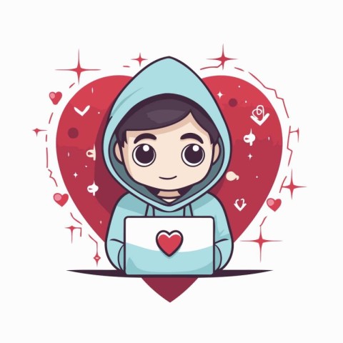 Cute boy with laptop and hearts around him. Vector illustration.