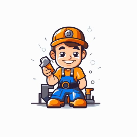 Cartoon handyman in helmet and overalls. Hand drawn vector illus