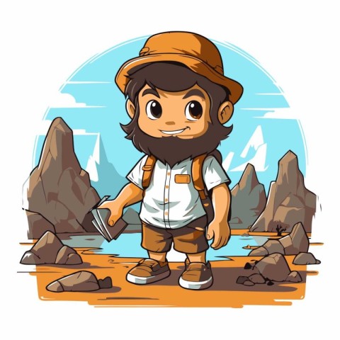 Hiking boy with a knife in his hand. Vector illustration.