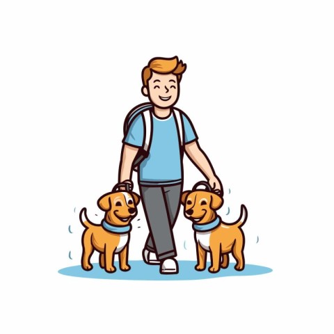 Man walking with dogs. Vector illustration in cartoon style isol