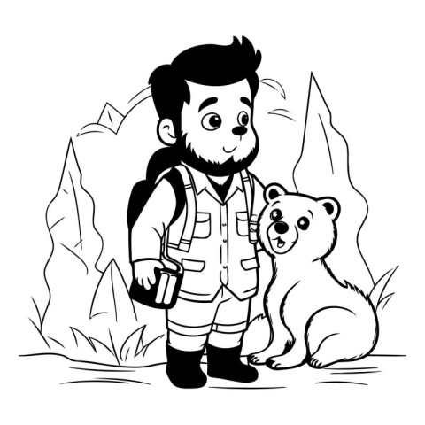 Tourist with backpack and bear cartoon in black and white vector