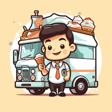 Businessman eating ice cream in truck. Vector illustration of ca