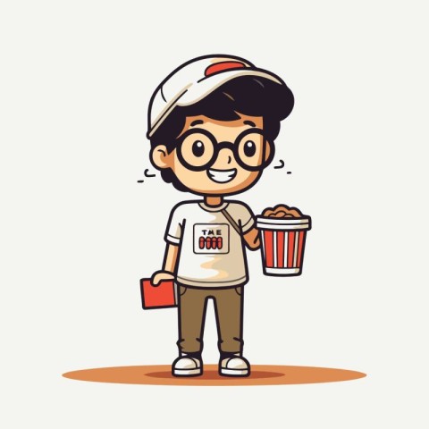 Cute Boy with Popcorn and Glasses Cartoon Vector Illustration