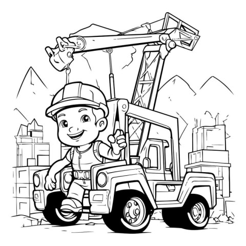 Black and White Cartoon Illustration of Kid Boy Construction Wor