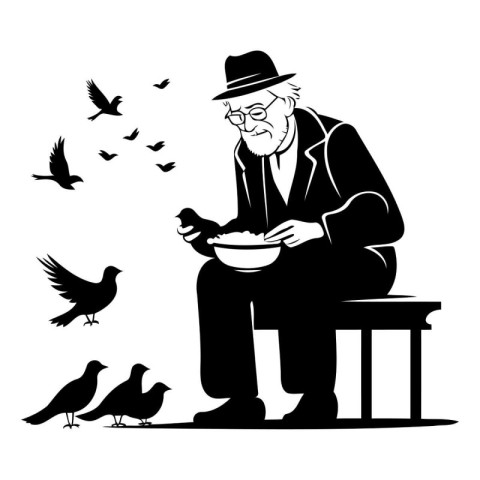 Old man sitting on a bench and feeding pigeons. Vector illustrat