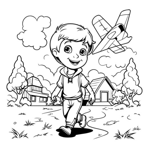 Boy playing with airplane in the park. black and white vector il