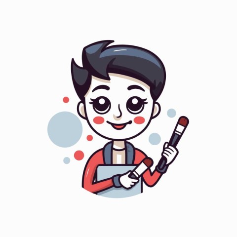 Cute boy holding paint brush. Vector illustration in cartoon sty