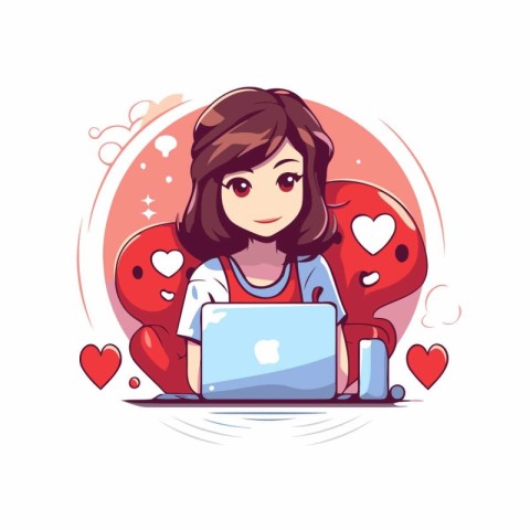 Cute girl with laptop and hearts. Vector illustration in cartoon