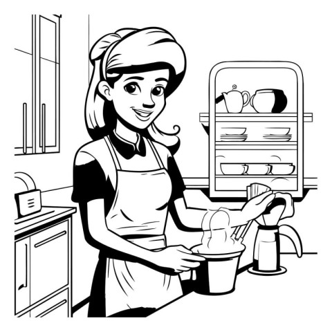 Housewife washing dishes in the kitchen. Black and white vector