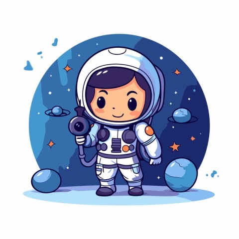 Cute little astronaut in space. Vector illustration. Cartoon sty