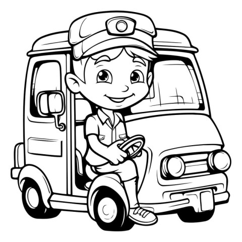 Black and White Cartoon Illustration of a Kid Boy Driving a Toy