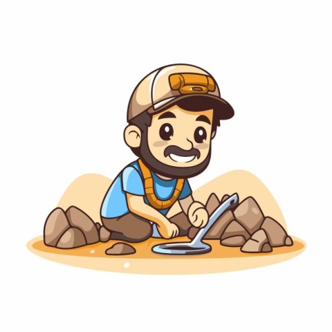 Vector cartoon illustration of a plumber working on a stone pile