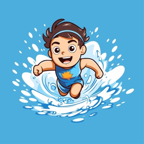 Vector illustration of a little boy in a swimsuit jumping on a w