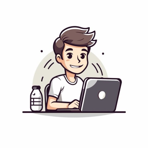 Man with laptop and bottle of water. Vector illustration in cart