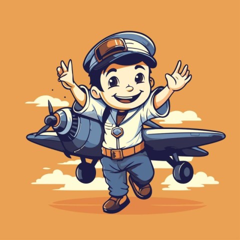 Cartoon boy pilot with airplane. Vector illustration for your de