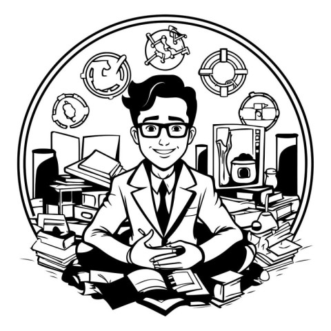 Teacher with books in a circle of icons. Vector illustration.