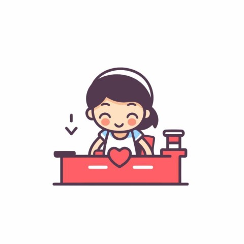 Cute little girl holding red heart on reception desk. Vector ill