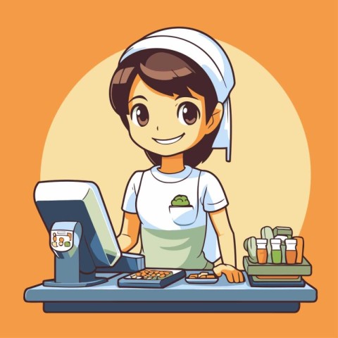 Illustration of a female sushi chef at the counter in a restaura