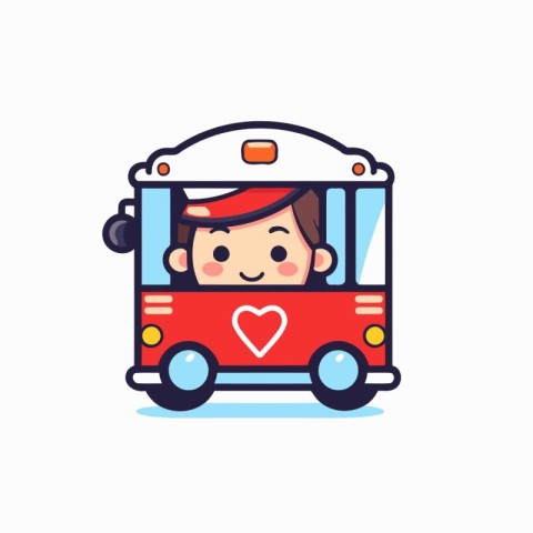 Cute little boy riding a school bus. Vector illustration in cart