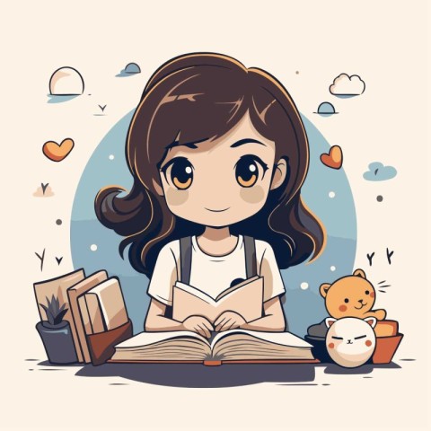 Cute little girl reading book. Vector illustration in cartoon st