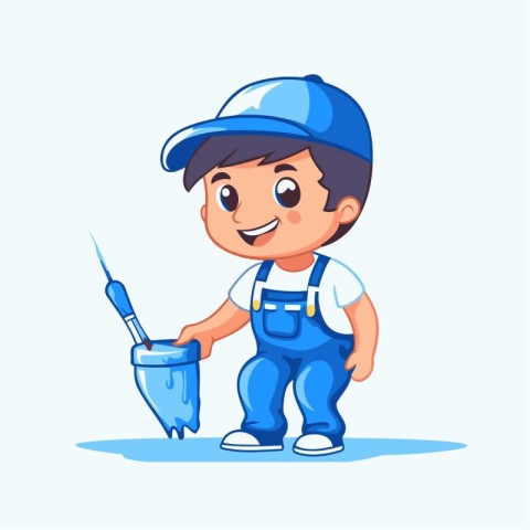 Cute cartoon little boy in blue overalls and cap with tools. Vec