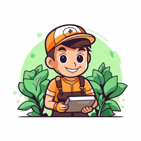 Cute cartoon farmer holding tablet. Vector illustration on white