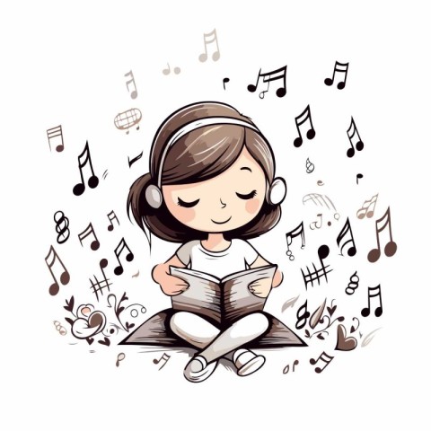 Cute little girl listening to music with headphones. Vector illu