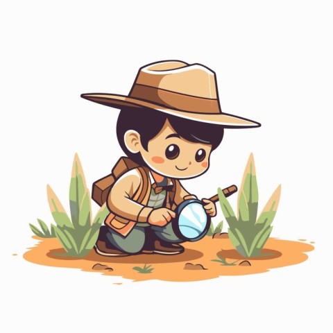 Boy exploring nature with magnifying glass. Vector illustration