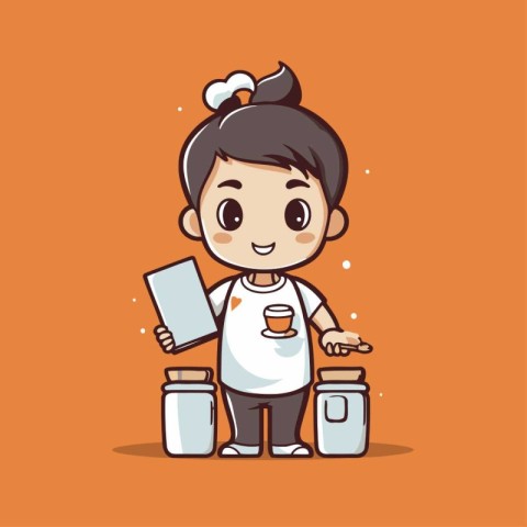 Cute little girl drinking coffee. Vector illustration in cartoon