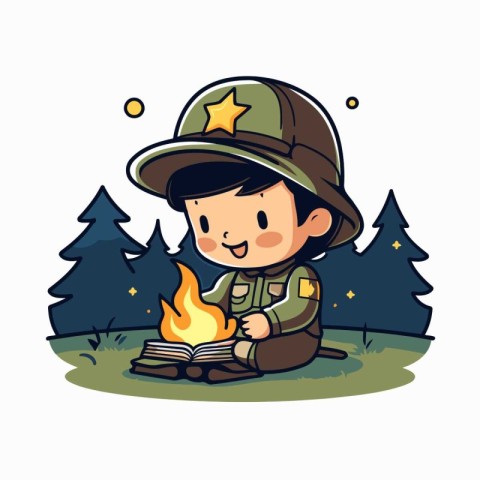 Boy scout sitting on the ground and reading a book. Vector illus