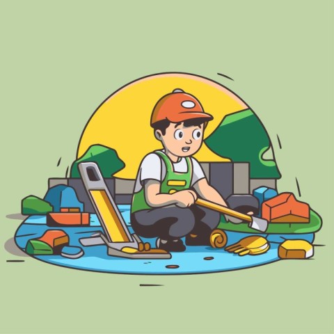 Cartoon construction worker with tools. Vector illustration in c