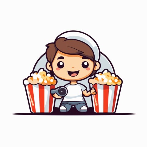 cute boy with popcorn and camera. movie cartoon vector illustrat