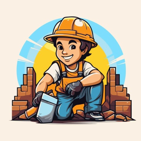 Cartoon construction worker with tools. Vector illustration in c