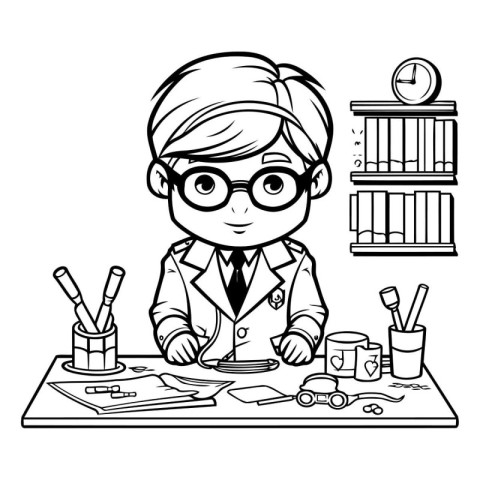 Vector illustration of a boy in a science class. Black and white