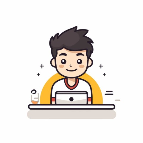 Man working on laptop. Work from home concept. Flat style vector