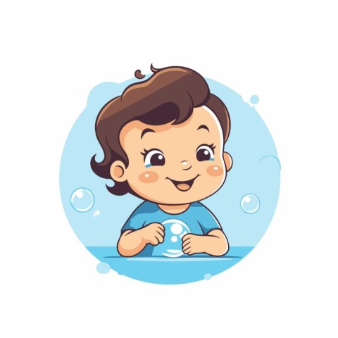 Cute little boy playing with soap bubbles. Vector cartoon illust