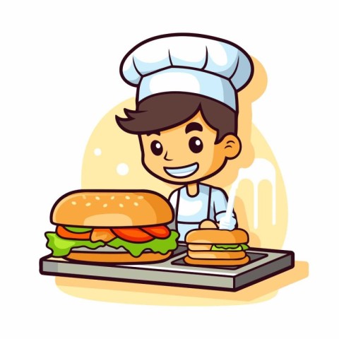 Cartoon boy chef with hamburger. Vector illustration in cartoon