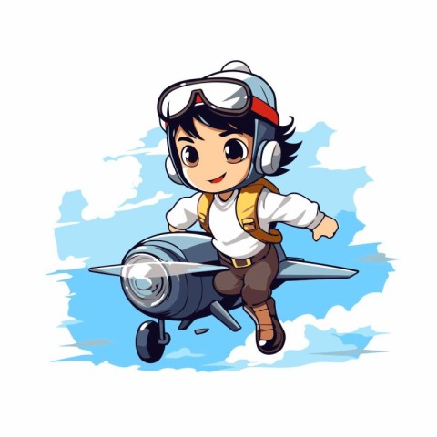 Cute little boy pilot with airplane isolated on white background