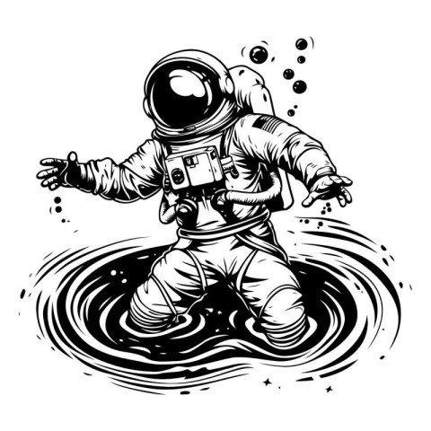 Astronaut in the water. Black and white vector illustration.