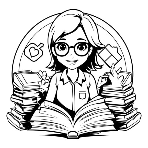 Black and White Cartoon Illustration of Girl Student Reading a B