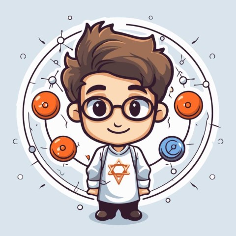 Cute boy in science suit and glasses. Cartoon vector illustratio