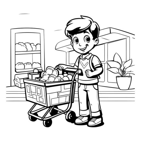 Boy with shopping cart. Black and white vector illustration for