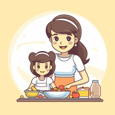 Mother and daughter cooking together in the kitchen. Vector illu