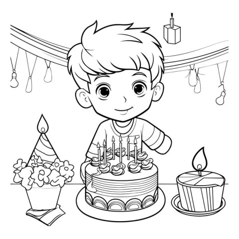 Cute boy with birthday cake. Vector illustration. Coloring book