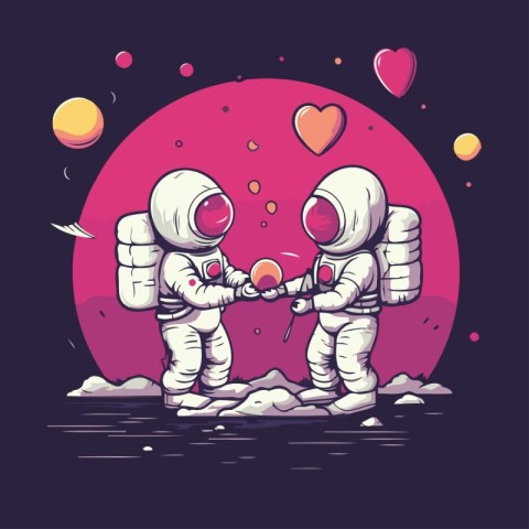 Astronaut couple in love on the moon. Vector illustration.